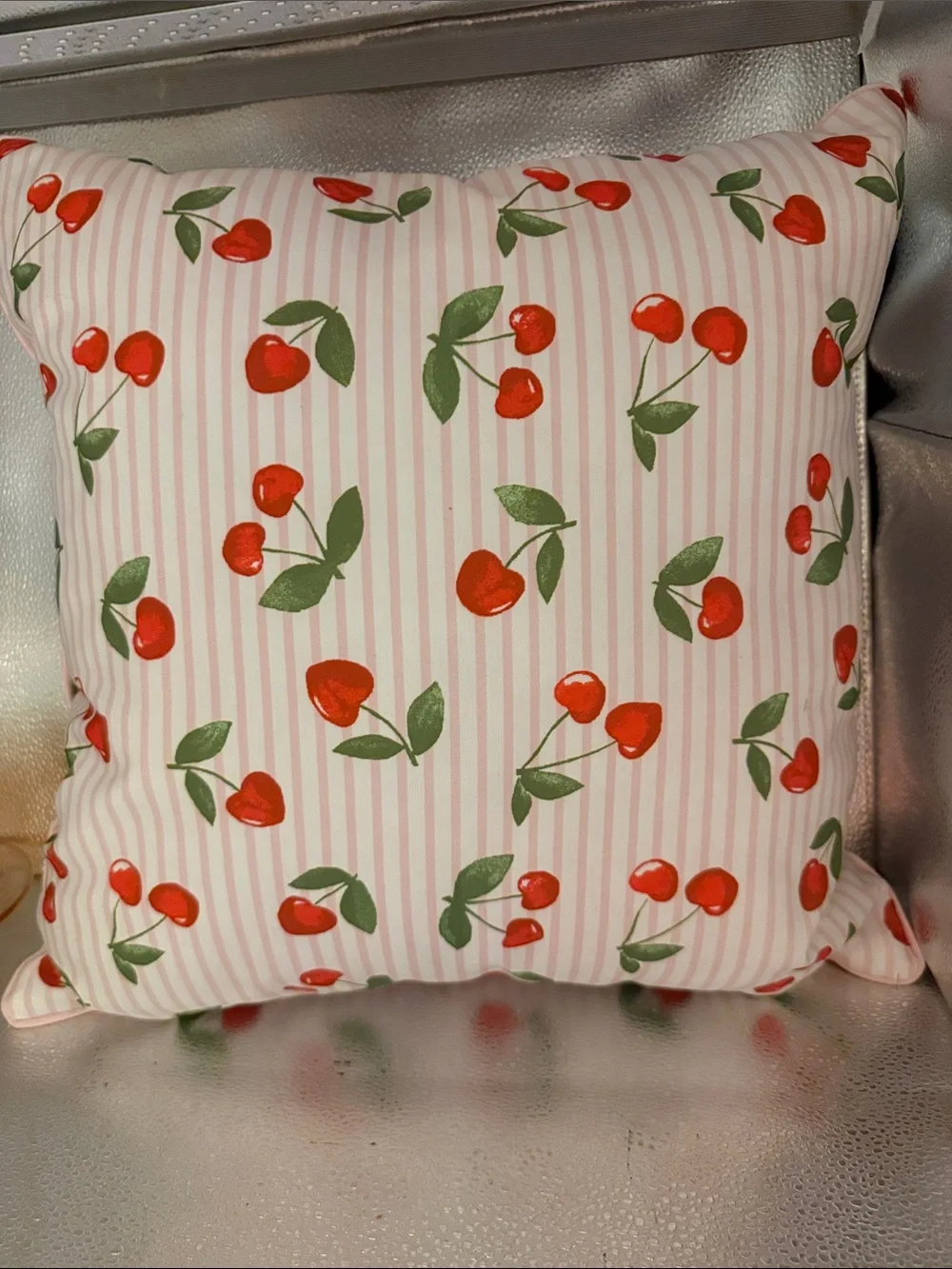 Spoon flower Cherry Print and Pink and white checkered on the Back